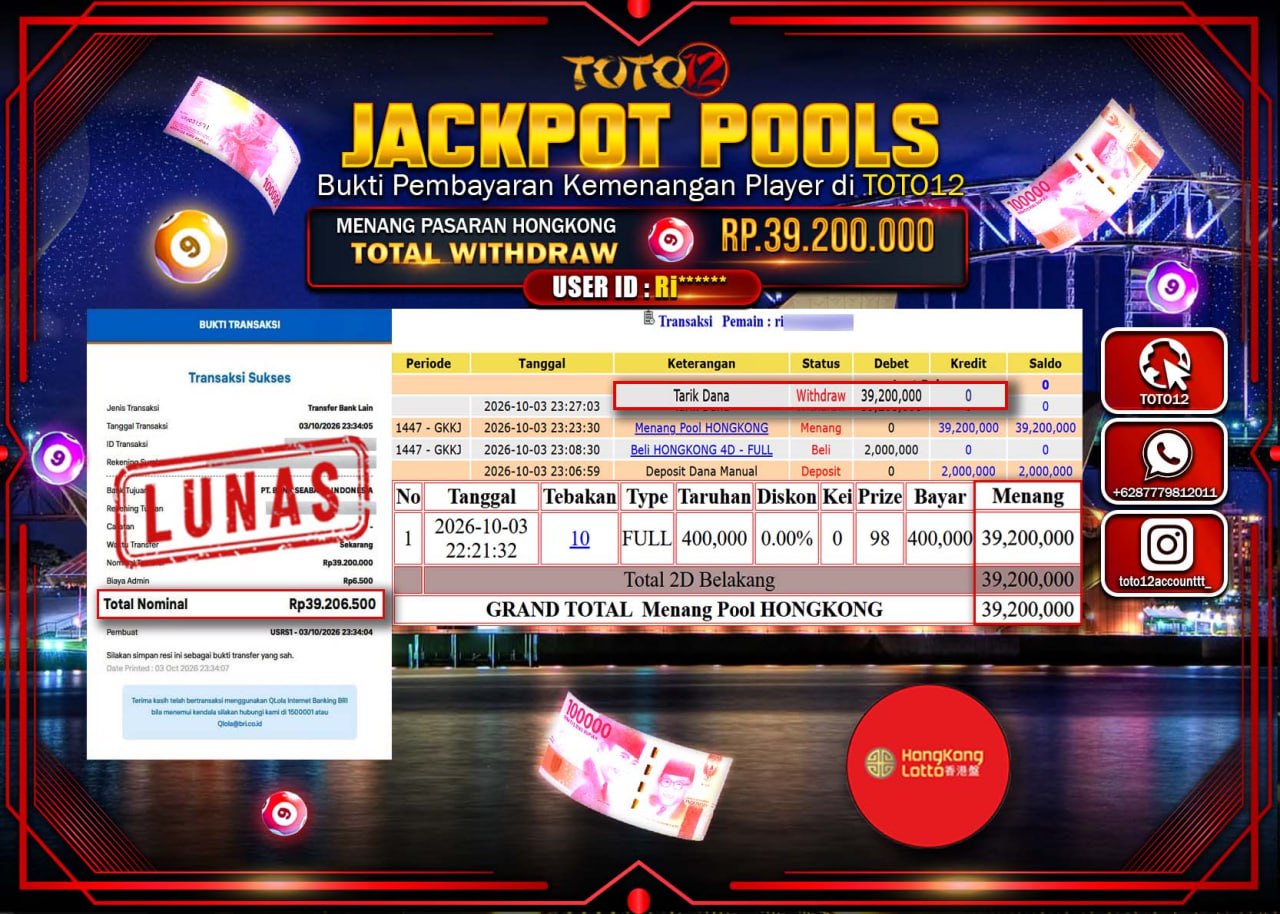HANYA DI TOTO12 JP PASTI DI BAYAR LUNAS DAN CEPAT!!!!!! JACKPOT POOLS PASARAN (HONGKONG) Rp39.200.000!!!!