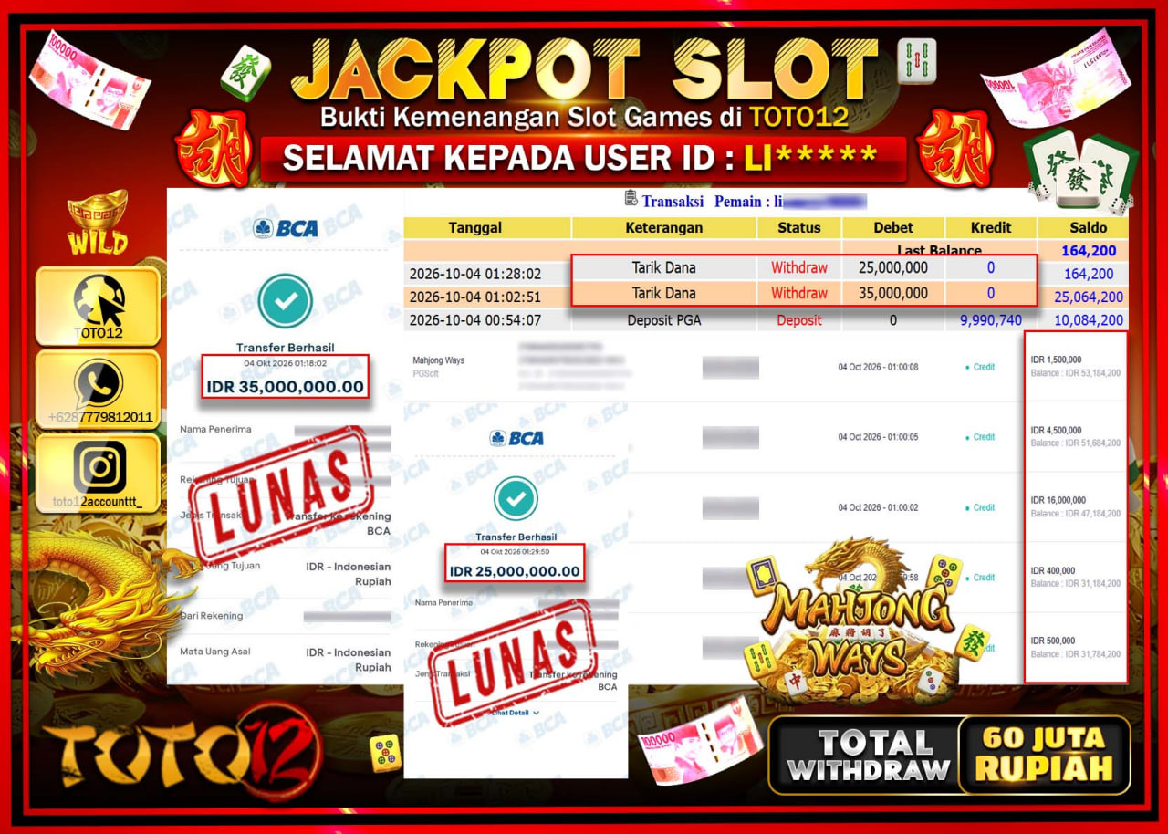 HANYA DI TOTO12 JP PASTI DI BAYAR LUNAS DAN CEPAT!!!!!! JACKPOT SLOT GAME (MAHJONG WAYS) Rp60.000.000!!!!