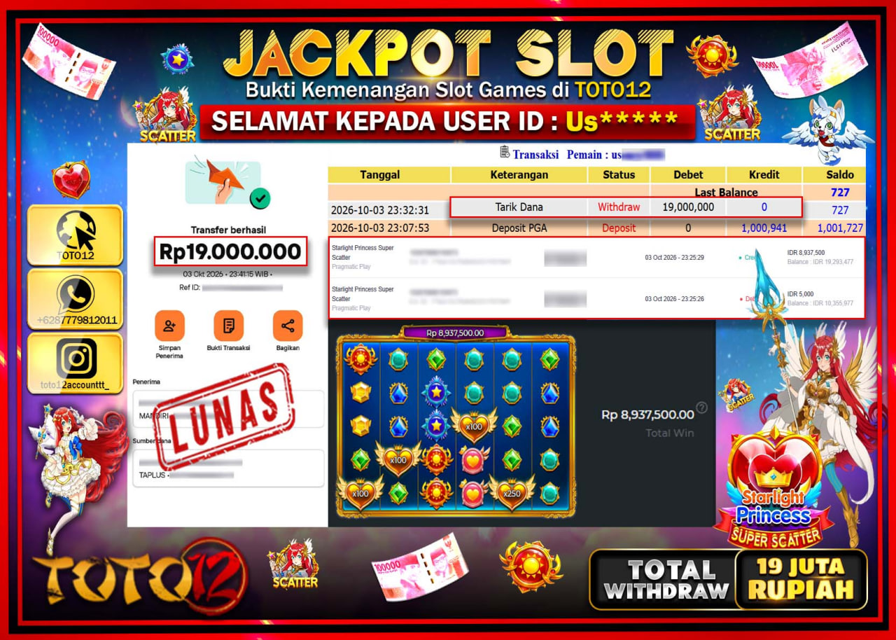 HANYA DI TOTO12 JP PASTI DI BAYAR LUNAS DAN CEPAT!!!!!! JACKPOT SLOT GAME (STARLIGHT PRINCESS SUPER SCATTER) Rp19.000.000!!!!
