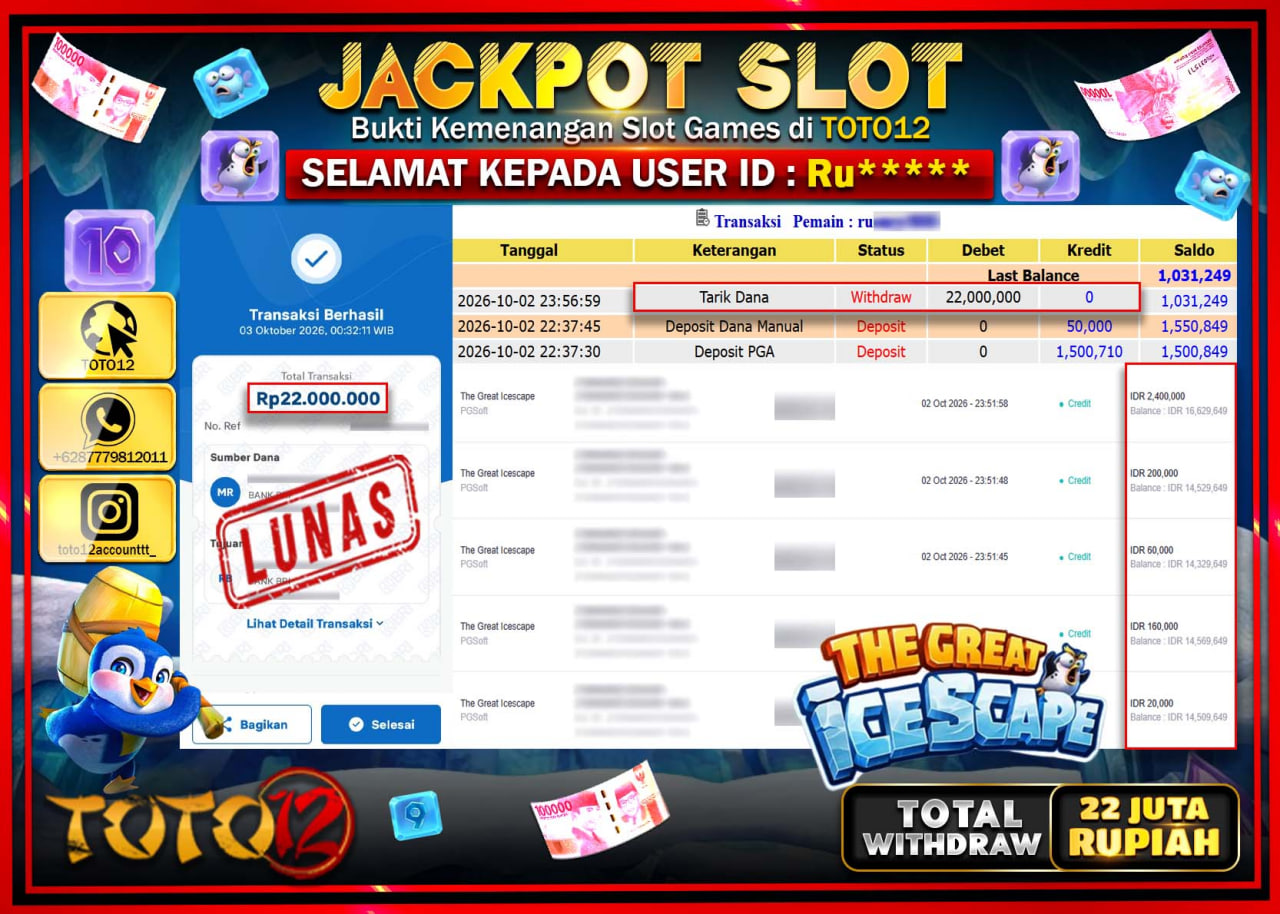 HANYA DI TOTO12 JP PASTI DI BAYAR LUNAS DAN CEPAT!!!!!! JACKPOT SLOT GAME (THE GREAT ICESCAPE) Rp22.000.000!!!!