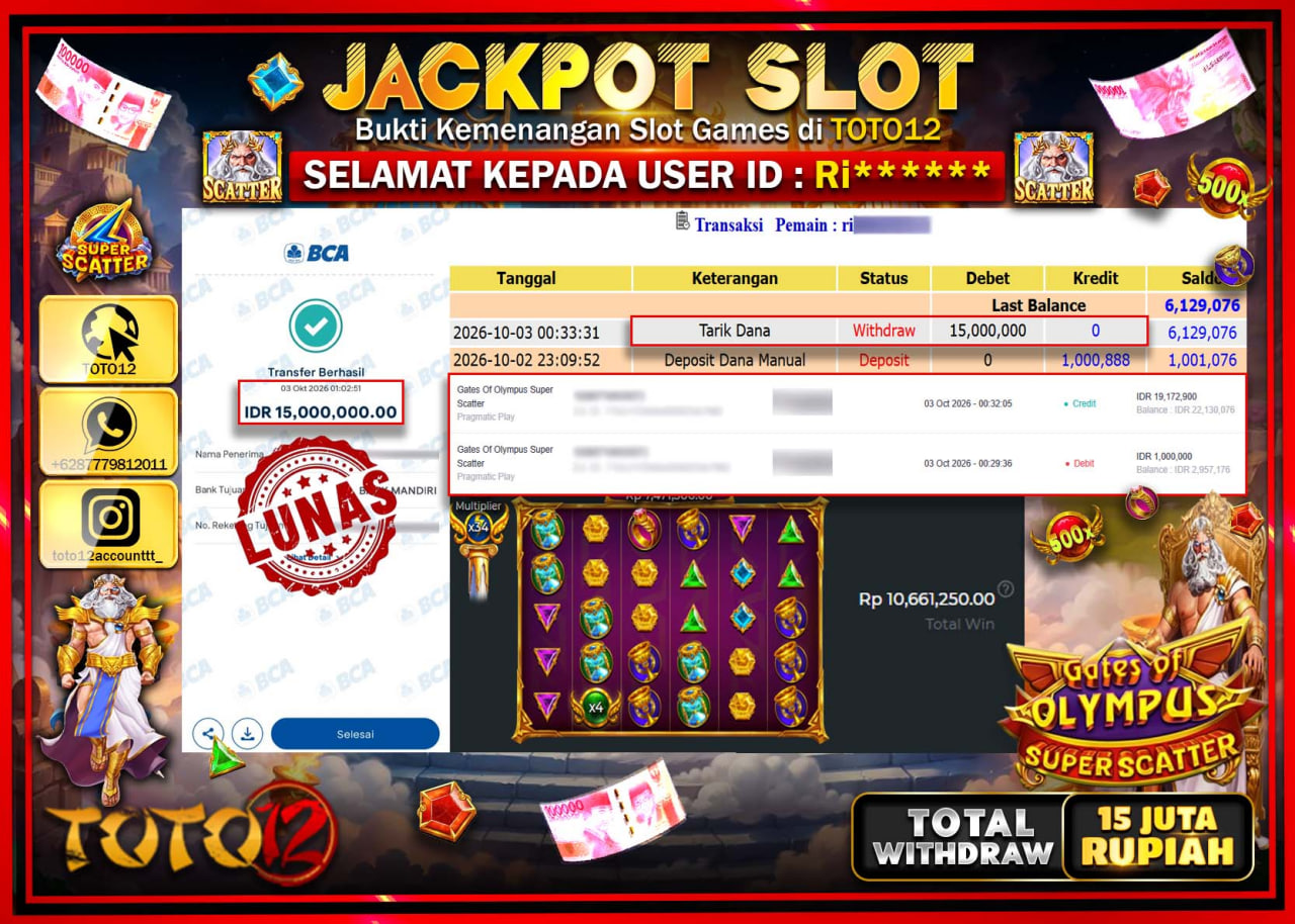 HANYA DI TOTO12 JP PASTI DI BAYAR LUNAS DAN CEPAT!!!!!! JACKPOT SLOT GAME (GATES OF OLYMPUS SUPER SCATTER) Rp15.000.000!!!!