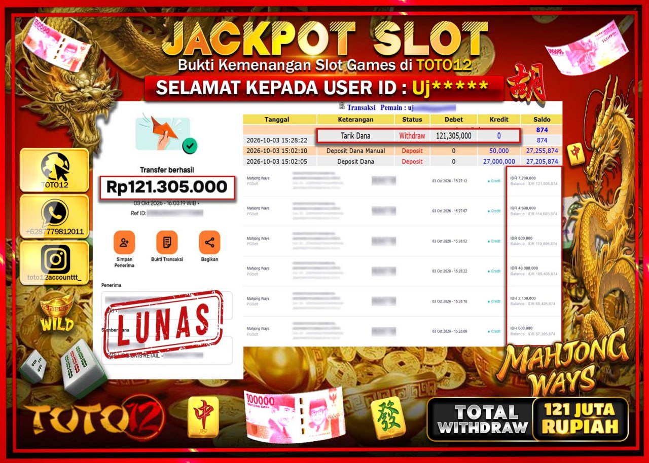 HANYA DI TOTO12 JP PASTI DI BAYAR LUNAS DAN CEPAT!!!!!! JACKPOT SLOT GAME (MAHJONG WAYS) Rp121.305.000!!!!