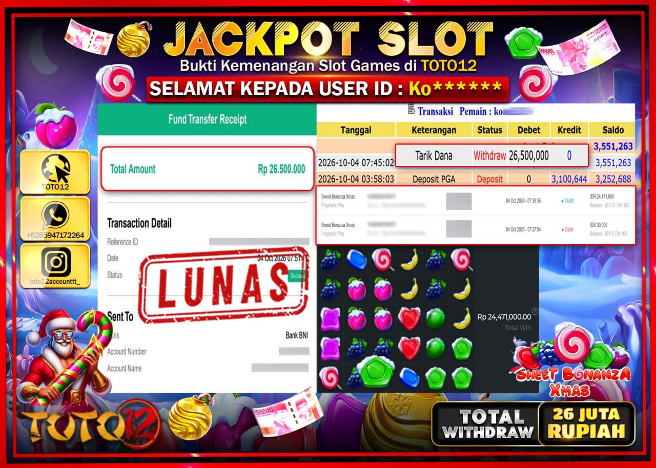 HANYA DI TOTO12 JP PASTI DI BAYAR LUNAS DAN CEPAT!!!!!! JACKPOT SLOT GAME (SWEET BONANZA XMAS) Rp26.500.000!!!!