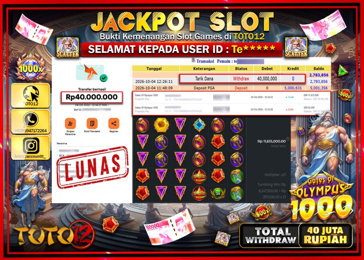 HANYA DI TOTO12 JP PASTI DI BAYAR LUNAS DAN CEPAT!!!!!! JACKPOT SLOT GAME (GATES OF OLYMPUS 1000) Rp40.000.000!!!!