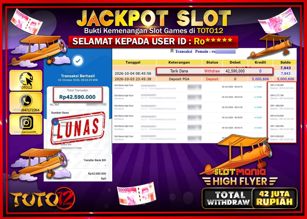 HANYA DI TOTO12 JP PASTI DI BAYAR LUNAS DAN CEPAT!!!!!! JACKPOT SLOT GAME (HIGH PLYER) Rp42.590.000!!!!