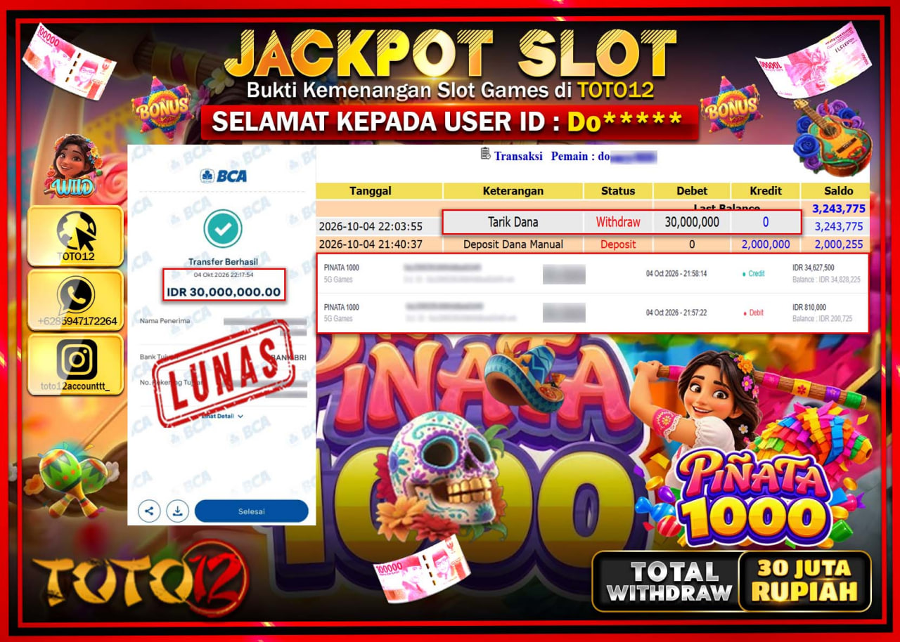 HANYA DI TOTO12 JP PASTI DI BAYAR LUNAS DAN CEPAT!!!!!! JACKPOT SLOT GAME (PINATA 1000) Rp30.000.000!!!!