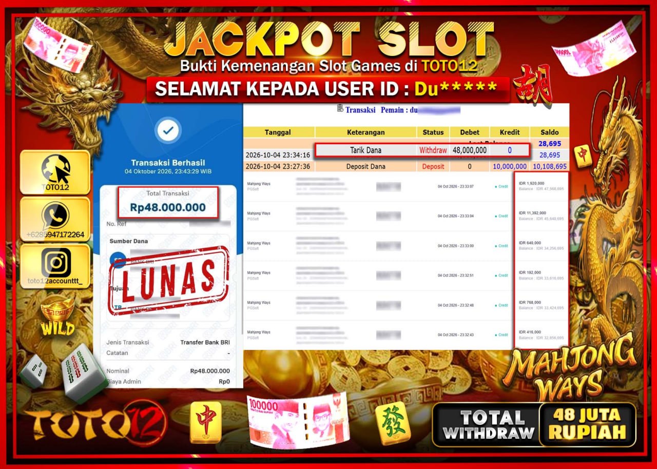 HANYA DI TOTO12 JP PASTI DI BAYAR LUNAS DAN CEPAT!!!!!! JACKPOT SLOT GAME (MAHJONG WAYS) Rp48.000.000!!!!