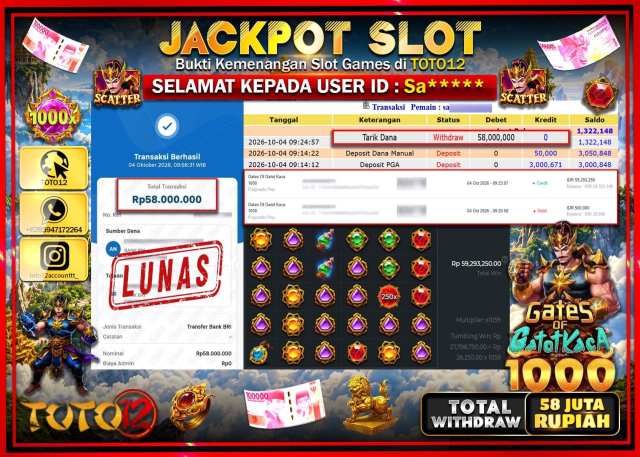 HANYA DI TOTO12 JP PASTI DI BAYAR LUNAS DAN CEPAT!!!!!! JACKPOT SLOT GAME (GATES OF GATOT KACA 1000) Rp58.000.000!!!!
