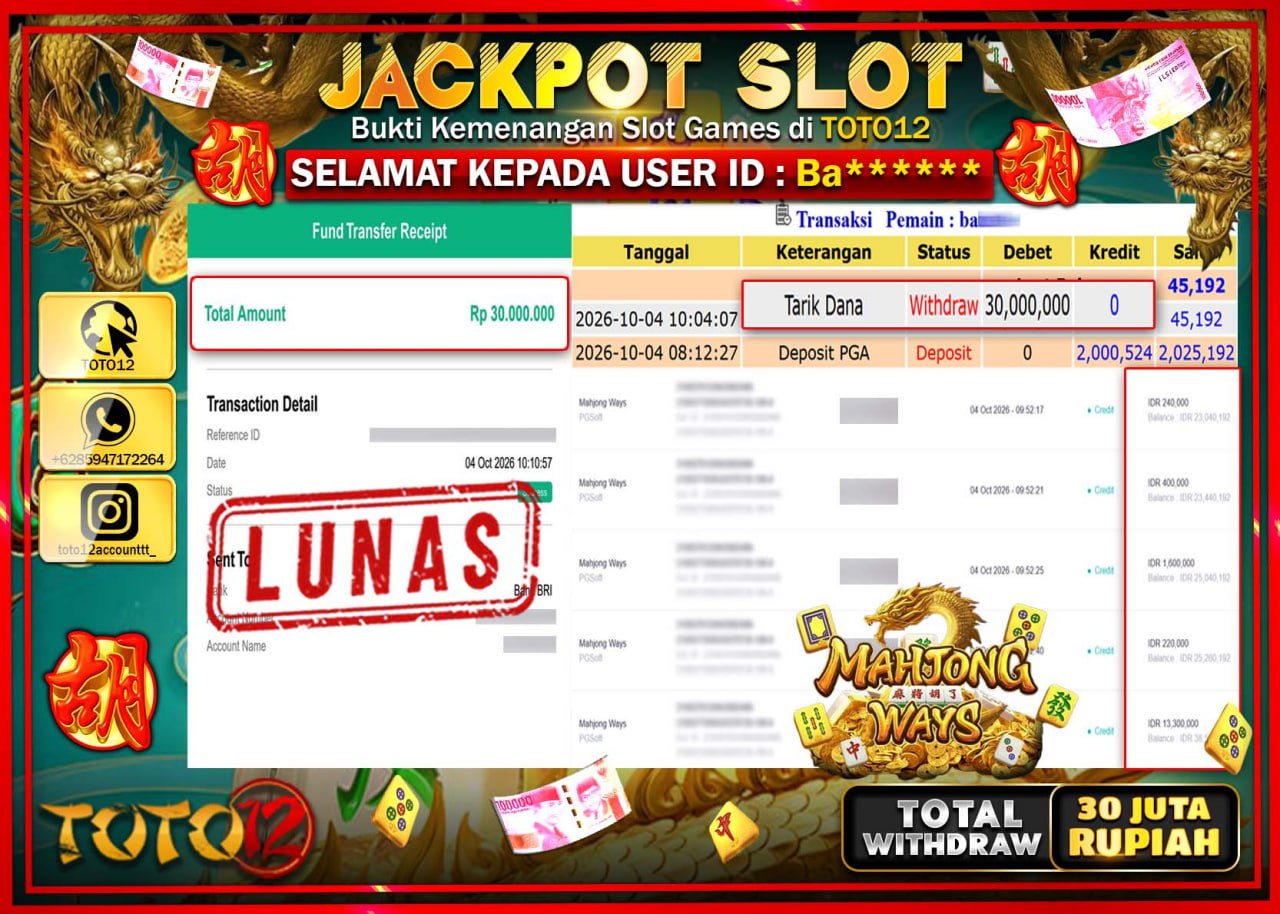 HANYA DI TOTO12 JP PASTI DI BAYAR LUNAS DAN CEPAT!!!!!! JACKPOT SLOT GAME (MAHJONG WAYS) Rp30.000.000!!!!