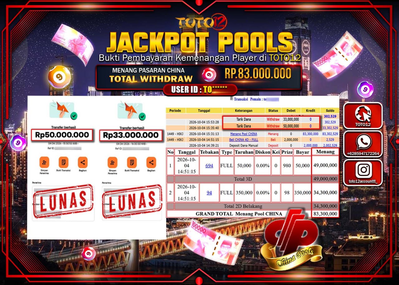 HANYA DI TOTO12 JP PASTI DI BAYAR LUNAS DAN CEPAT!!!!!! JACKPOT POOLS PASARAN(CHINA) Rp83.000.000!!!!