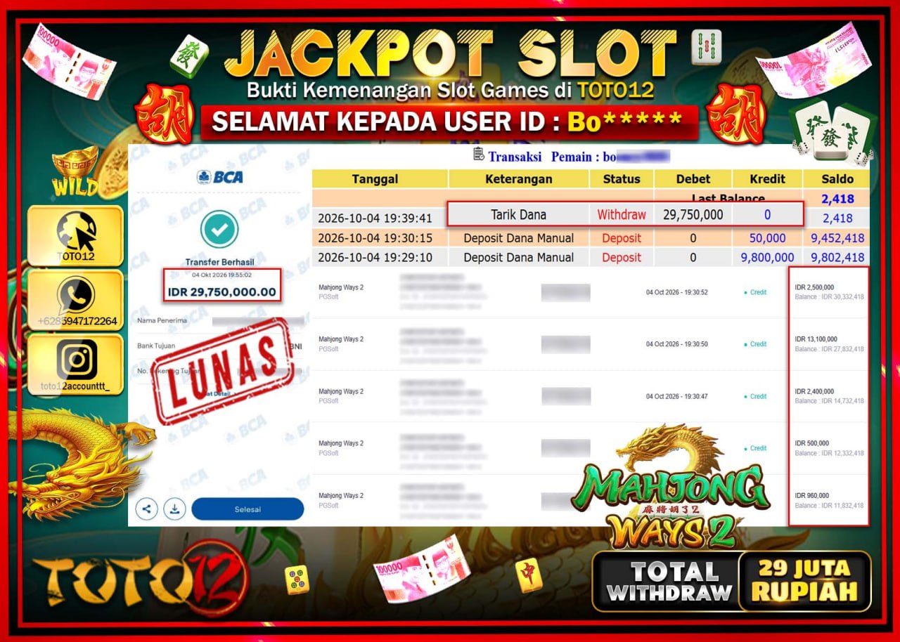 HANYA DI TOTO12 JP PASTI DI BAYAR LUNAS DAN CEPAT!!!!!! JACKPOT SLOT GAME (MAHJONG WAYS 2) Rp29.750.000!!!!