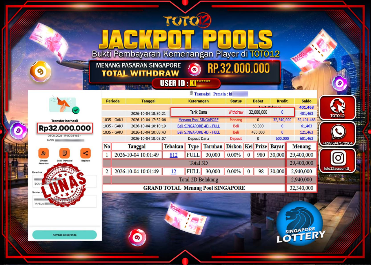 HANYA DI TOTO12 JP PASTI DI BAYAR LUNAS DAN CEPAT!!!!!! JACKPOT POOLS PASARAN(SINGAPORE) Rp32.000.000!!!!