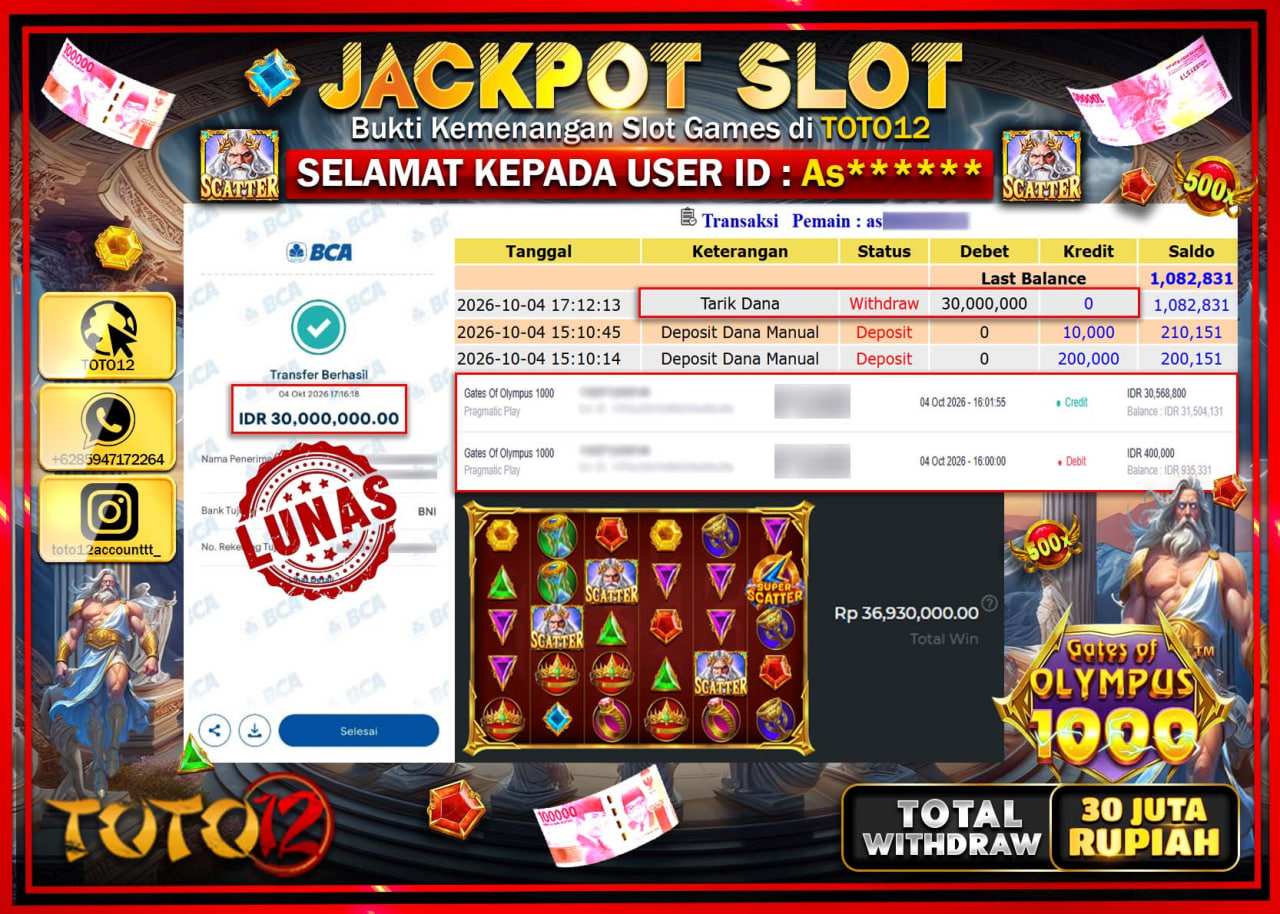 HANYA DI TOTO12 JP PASTI DI BAYAR LUNAS DAN CEPAT!!!!!! JACKPOT SLOT GAME (GATES OF OLYMPUS 1000) Rp30.000.000!!!!