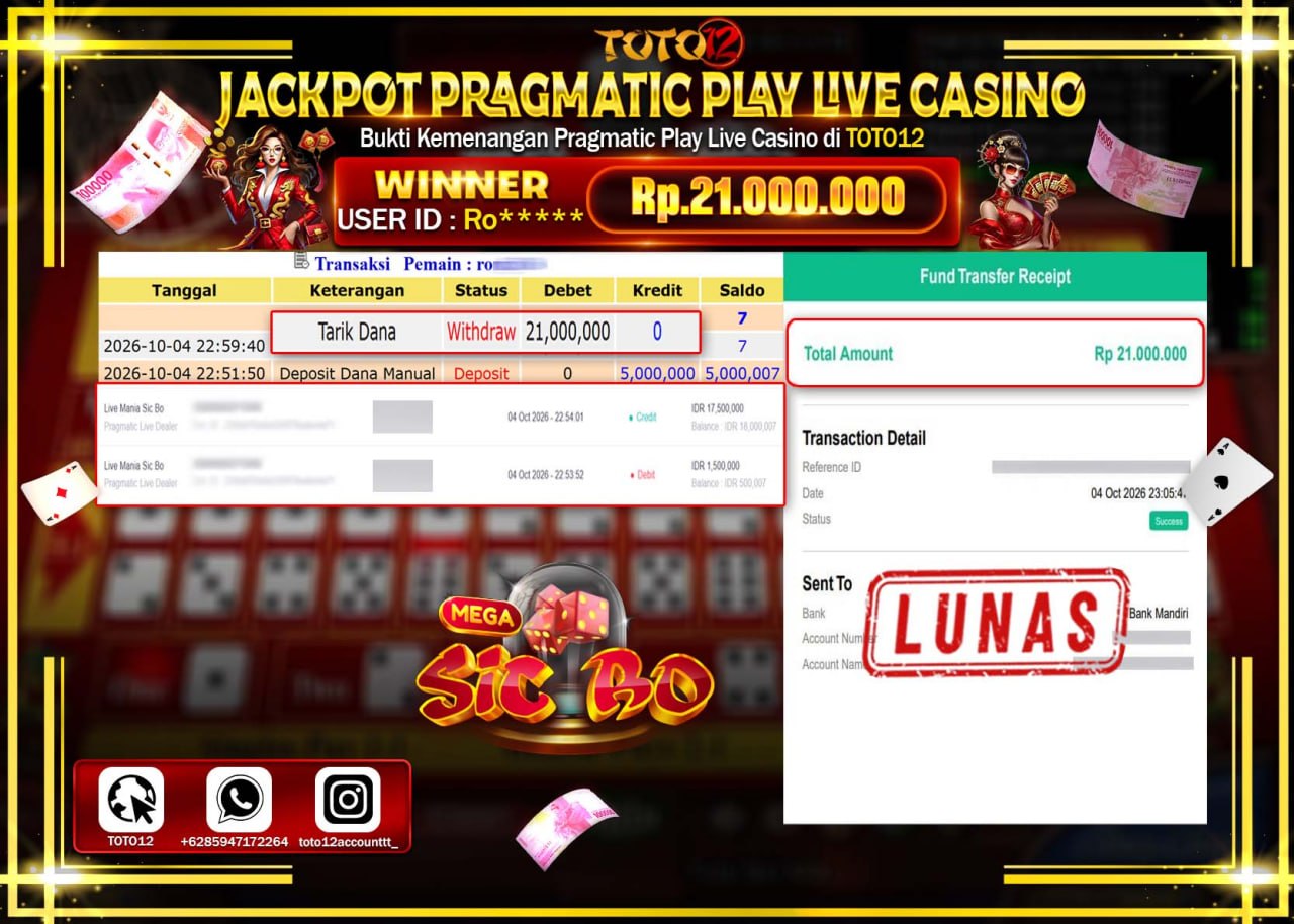 HANYA DI TOTO12 JP PASTI DI BAYAR LUNAS DAN CEPAT!!!!!! JACKPOT PRAGMATIC PLAY LIVE CASINO(MANIA SIC BO) Rp21.000.000!!!!