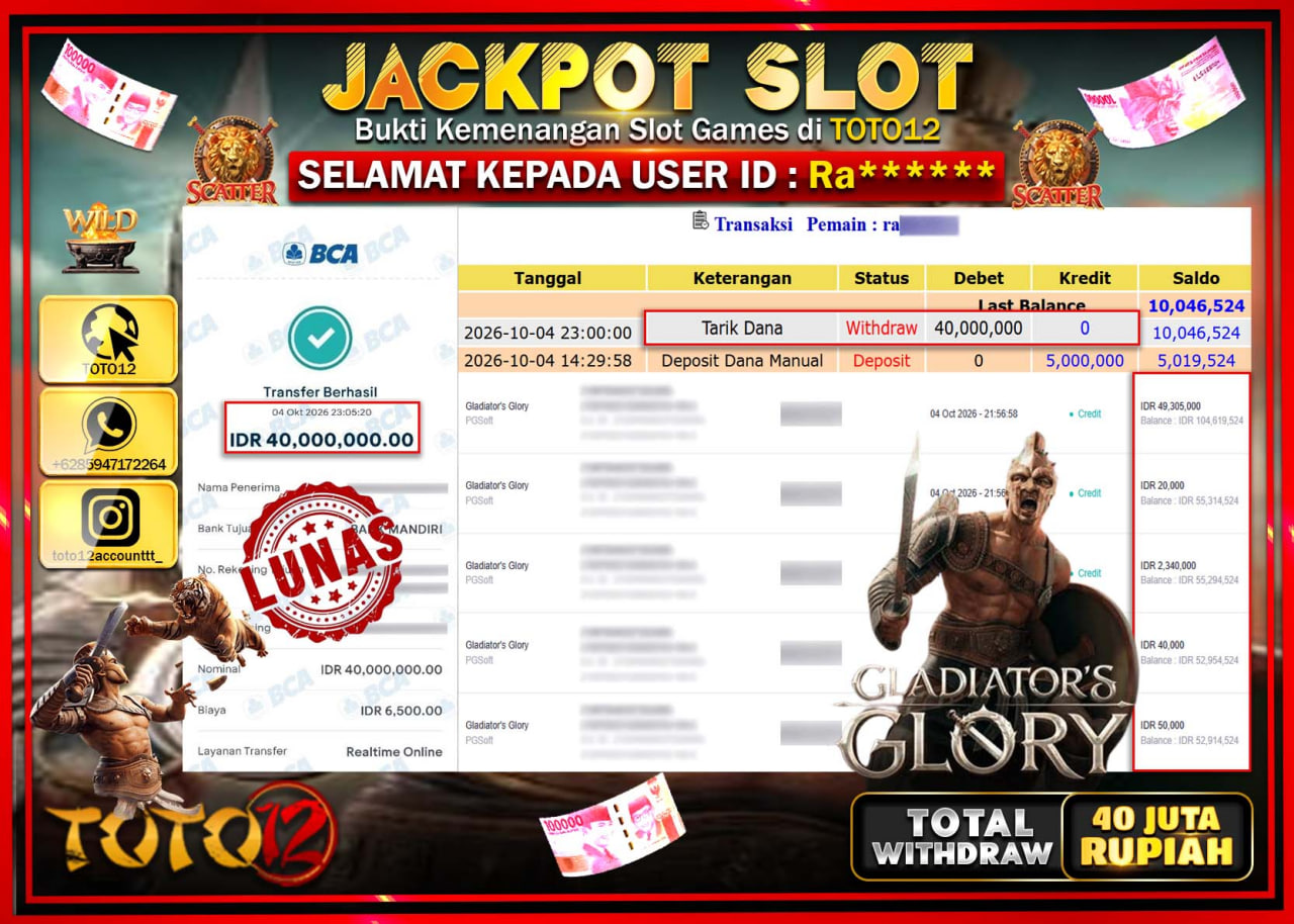 HANYA DI TOTO12 JP PASTI DI BAYAR LUNAS DAN CEPAT!!!!!! JACKPOT SLOT GAME (GLANDIATORS GLORY) Rp40.000.000!!!!