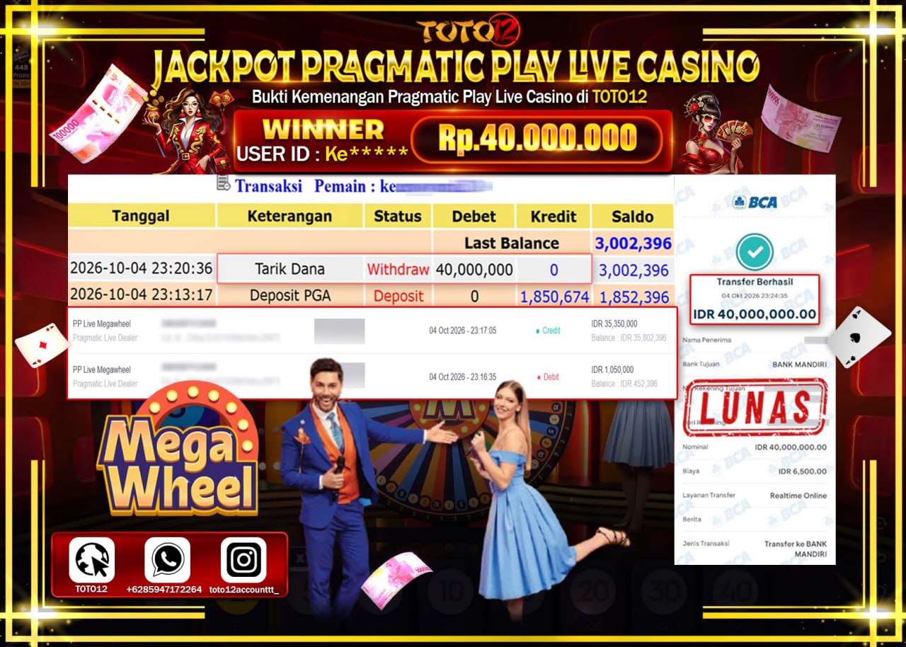 HANYA DI TOTO12 JP PASTI DI BAYAR LUNAS DAN CEPAT!!!!!! JACKPOT PRAGMATIC PLAY LIVE CASINO(MEGA WHELL) Rp40.000.000!!!!