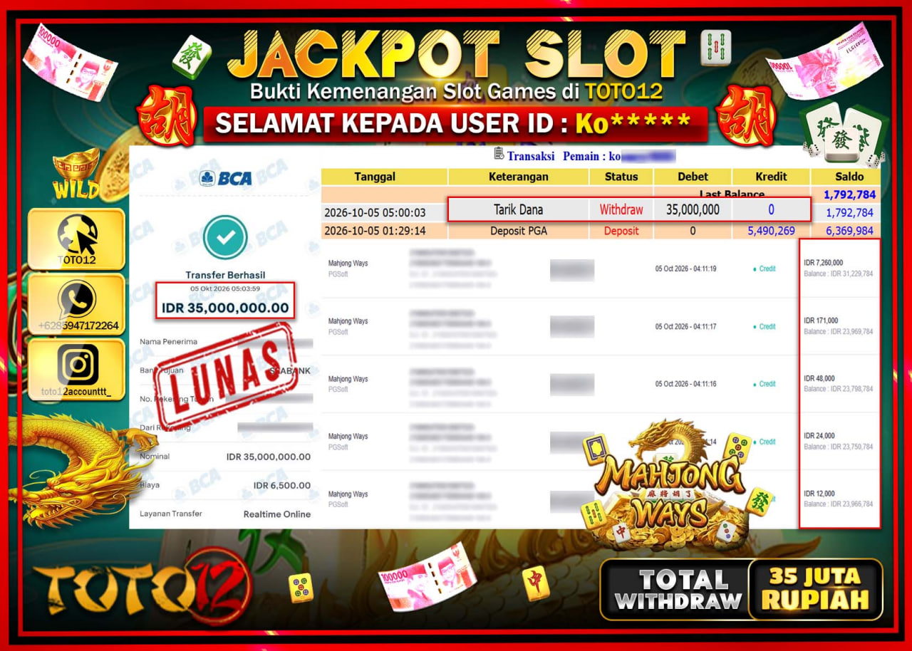 HANYA DI TOTO12 JP PASTI DI BAYAR LUNAS DAN CEPAT!!!!!! JACKPOT SLOT GAME (MAHJONG WAYS) Rp35.000.000!!!!