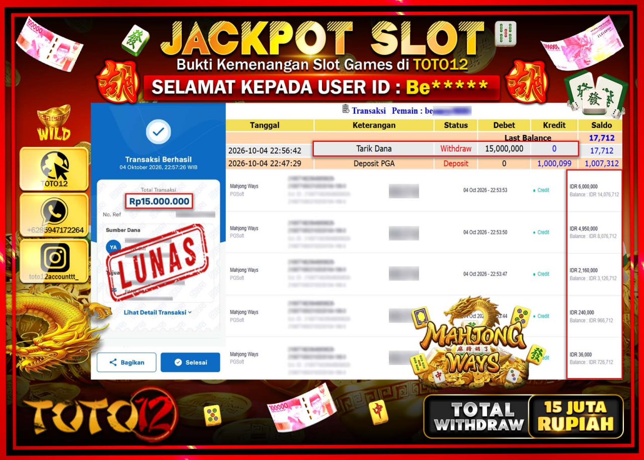 HANYA DI TOTO12 JP PASTI DI BAYAR LUNAS DAN CEPAT!!!!!! JACKPOT SLOT GAME (MAHJONG WAYS) Rp15.000.000!!!!