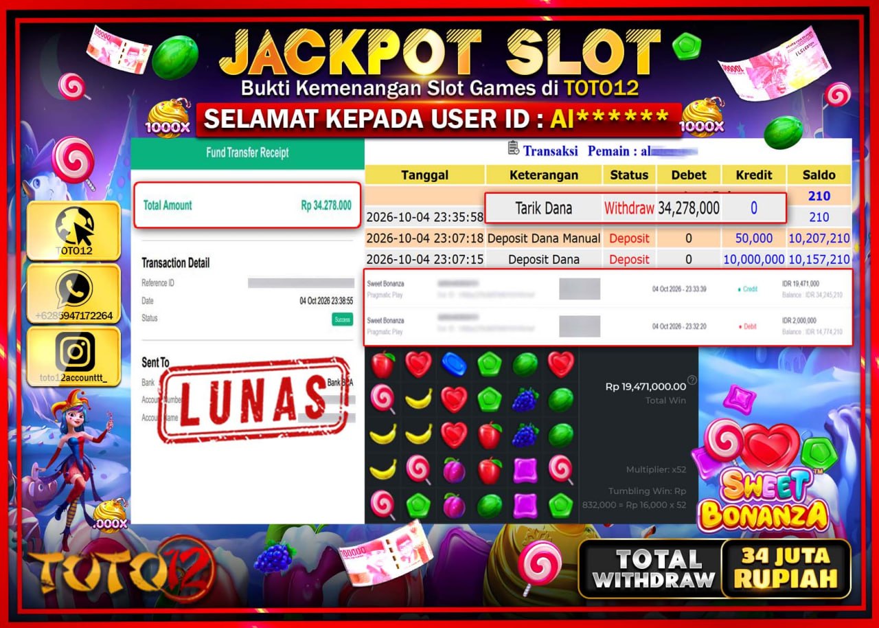 HANYA DI TOTO12 JP PASTI DI BAYAR LUNAS DAN CEPAT!!!!!! JACKPOT SLOT GAME (SWEET BONANZA) Rp34.278.000!!!!