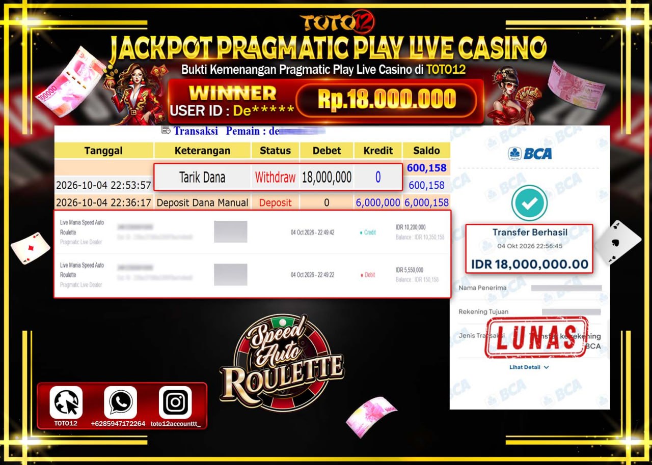 HANYA DI TOTO12 JP PASTI DI BAYAR LUNAS DAN CEPAT!!!!!! JACKPOT PRAGMATIC PLAY LIVE CASINO (LIVE MANIA SPEED AUTO ROULETTE) Rp18.000.000!!!!