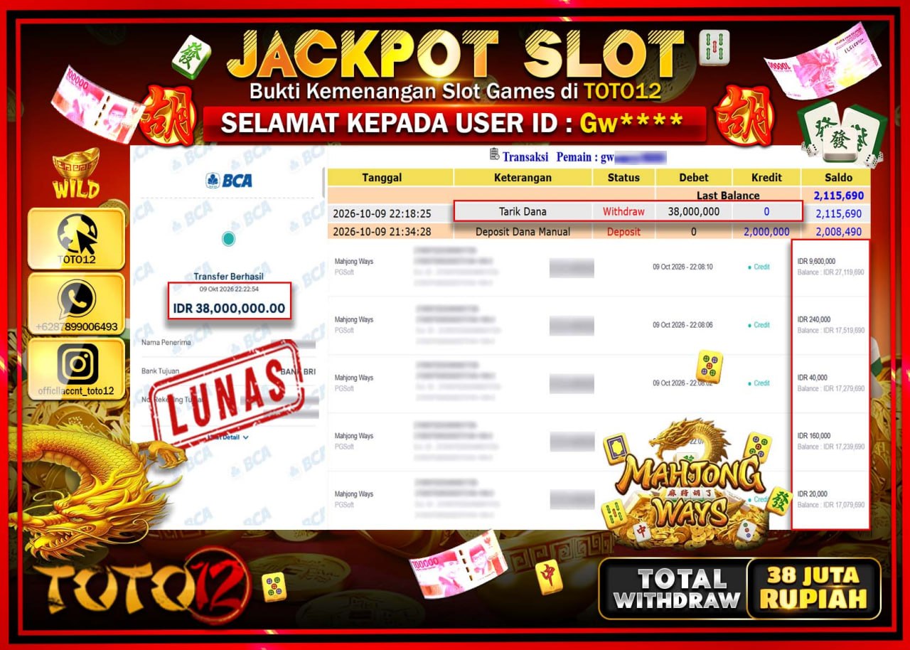 HANYA DI TOTO12 JP PASTI DI BAYAR LUNAS DAN CEPAT!!!!!! JACKPOT SLOT GAME (MAHJONG WAYS) Rp38.000.000!!!!