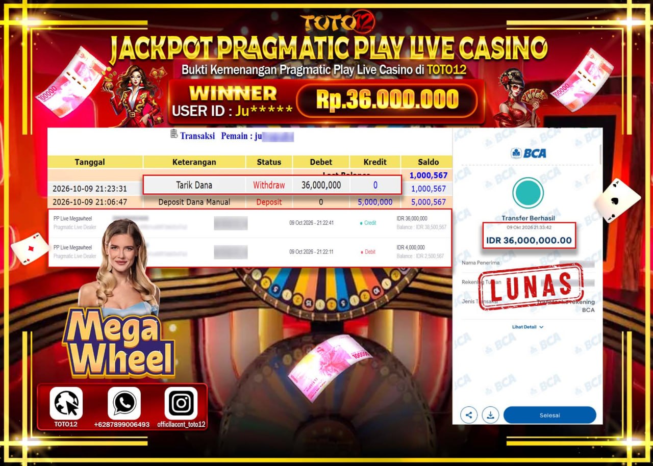 HANYA DI TOTO12 JP PASTI DI BAYAR LUNAS DAN CEPAT!!!!!! JACKPOT PRAGMATIC PLAY LIVE CASINO(MEGA WHELL) Rp36.000.000!!!!