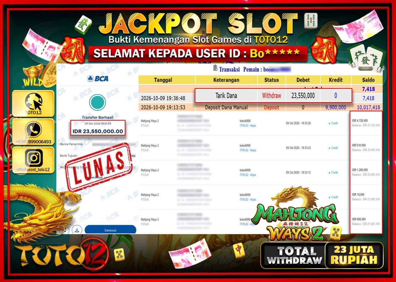 HANYA DI TOTO12 JP PASTI DI BAYAR LUNAS DAN CEPAT!!!!!! JACKPOT SLOT GAME (MAHJONG WAYS 2) Rp23.550.000!!!!
