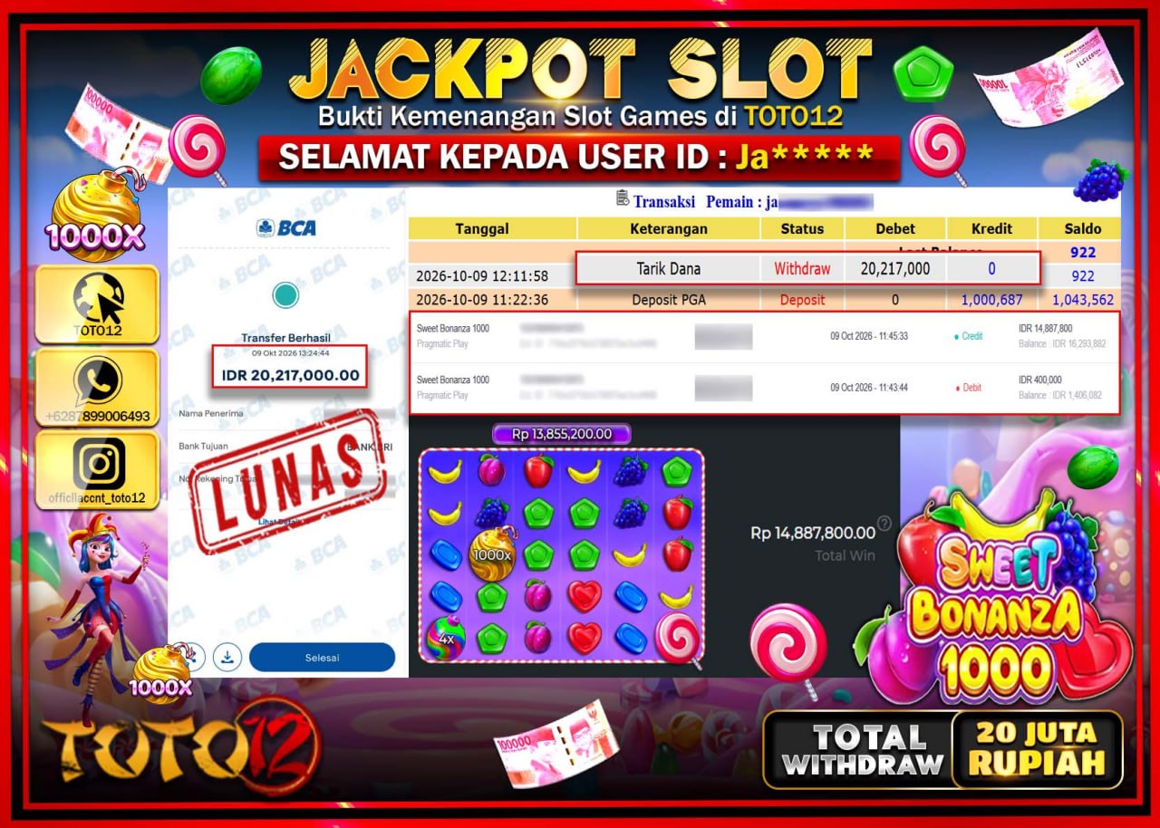 HANYA DI TOTO12 JP PASTI DI BAYAR LUNAS DAN CEPAT!!!!!! JACKPOT SLOT GAME (SWEET BONANZA 1000) Rp20.217.000!!!!