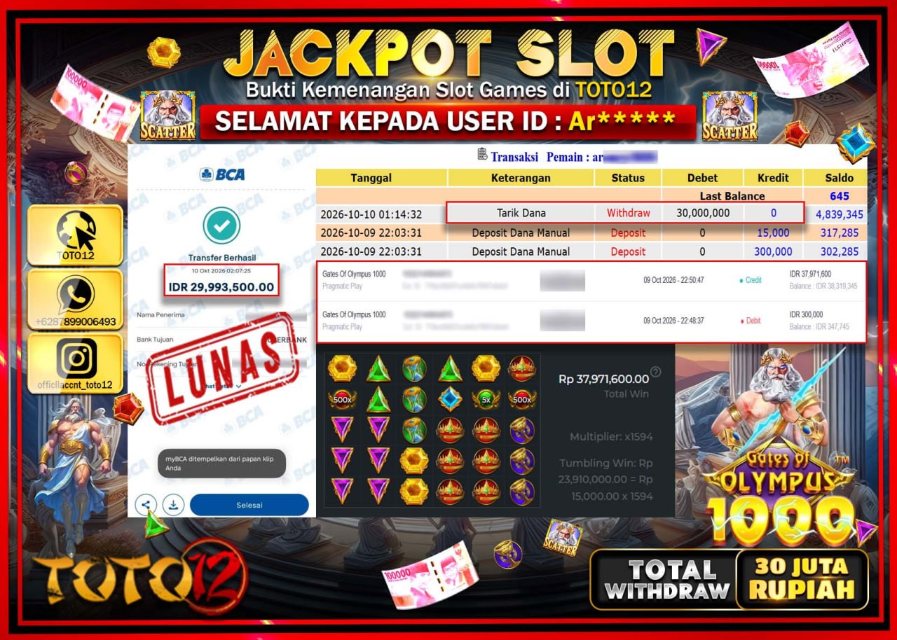 HANYA DI TOTO12 JP PASTI DI BAYAR LUNAS DAN CEPAT!!!!!! JACKPOT SLOT GAME (GATES OF OLYMPUS 1000) Rp30.000.000!!!!