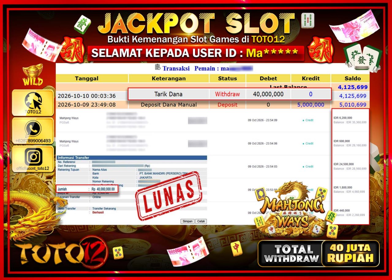 HANYA DI TOTO12 JP PASTI DI BAYAR LUNAS DAN CEPAT!!!!!! JACKPOT SLOT GAME (MAHJONG WAYS) Rp40.000.000!!!!