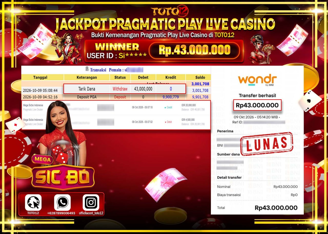 HANYA DI TOTO12 JP PASTI DI BAYAR LUNAS DAN CEPAT!!!!!! JACKPOT PRAGMATIC PLAY LIVE CASINO(MEGA SIC BO) Rp43.000.000!!!!