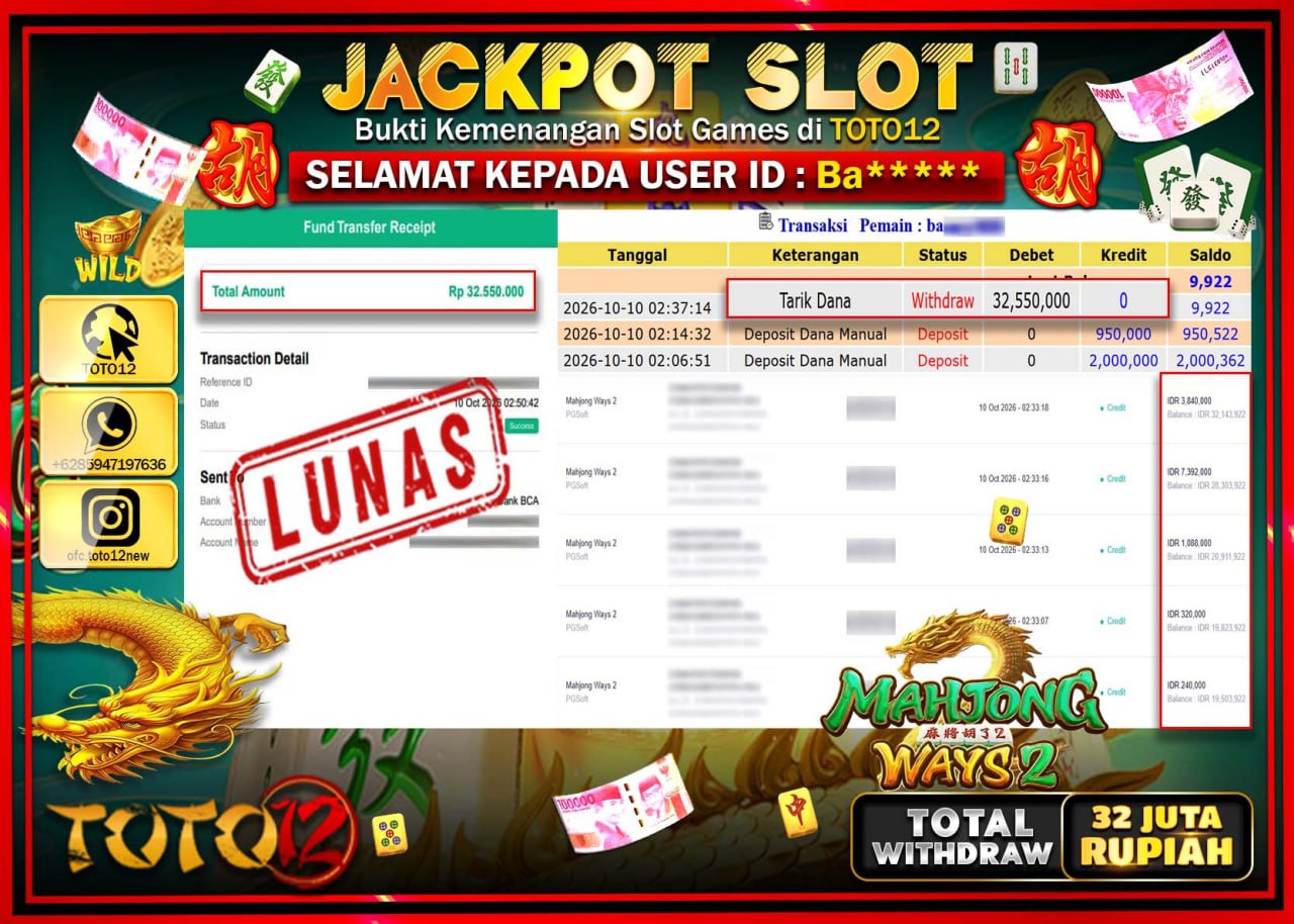 HANYA DI TOTO12 JP PASTI DI BAYAR LUNAS DAN CEPAT!!!!!! JACKPOT SLOT GAME (MAHJONG WAYS 2) Rp32.550.000!!!!
