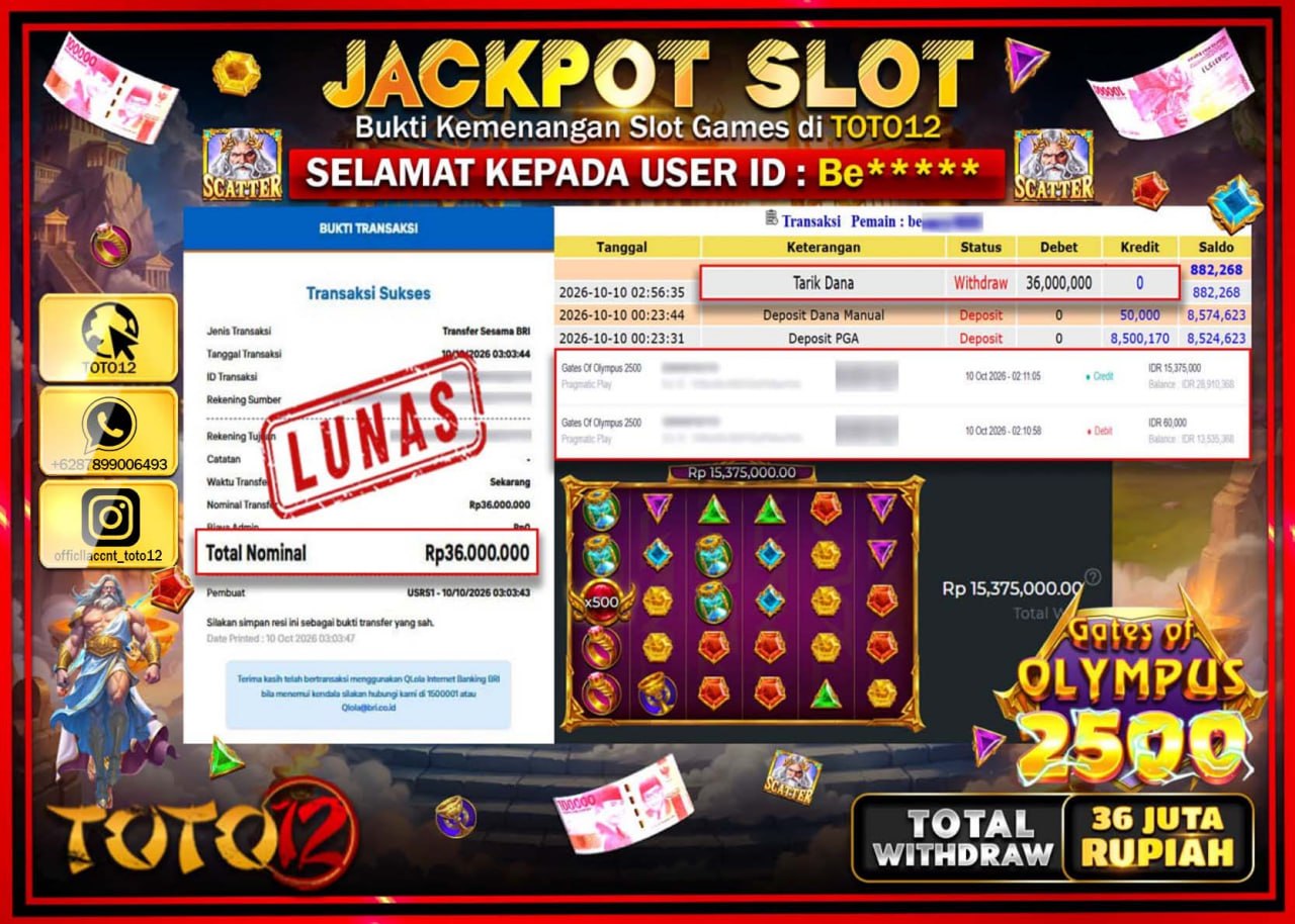 HANYA DI TOTO12 JP PASTI DI BAYAR LUNAS DAN CEPAT!!!!!! JACKPOT SLOT GAME (GATES OF OLYMPUS 2500) Rp36.000.000!!!!