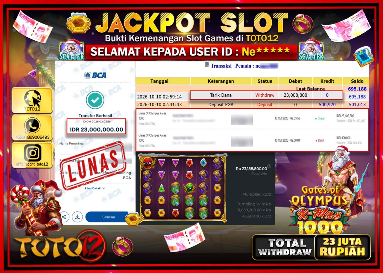 HANYA DI TOTO12 JP PASTI DI BAYAR LUNAS DAN CEPAT!!!!!! JACKPOT SLOT GAME (GATES OF OLYMPUS XMAS 1000) Rp23.000.000!!!!