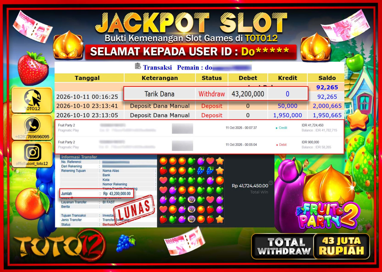 HANYA DI TOTO12 JP PASTI DI BAYAR LUNAS DAN CEPAT!!!!!! JACKPOT SLOT GAME (FRUIT PARTY 2) Rp43.200.000!!!!