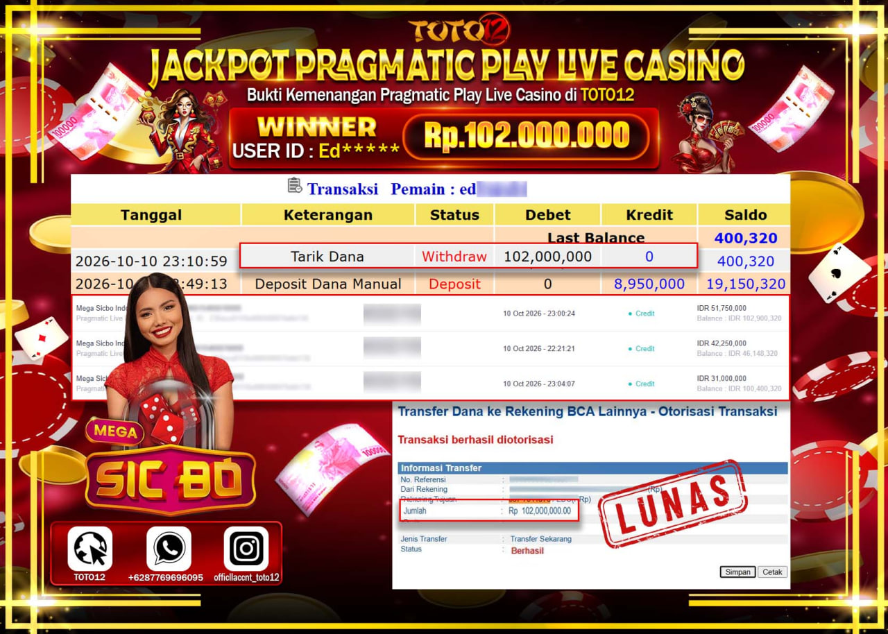 HANYA DI TOTO12 JP PASTI DI BAYAR LUNAS DAN CEPAT!!!!!! JACKPOT PRAGMATIC PLAY LIVE CASINO(MEGA SICBO) Rp102.000.000!!!!