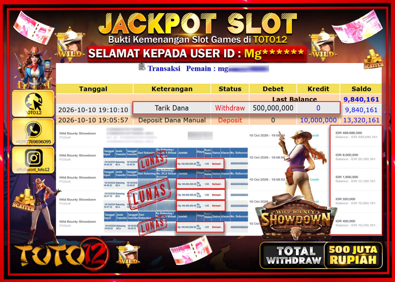 HANYA DI TOTO12 JP PASTI DI BAYAR LUNAS DAN CEPAT!!!!!! JACKPOT SLOT GAME (WILD BOUNTY SHOWDOWN) Rp500.000.000!!!!