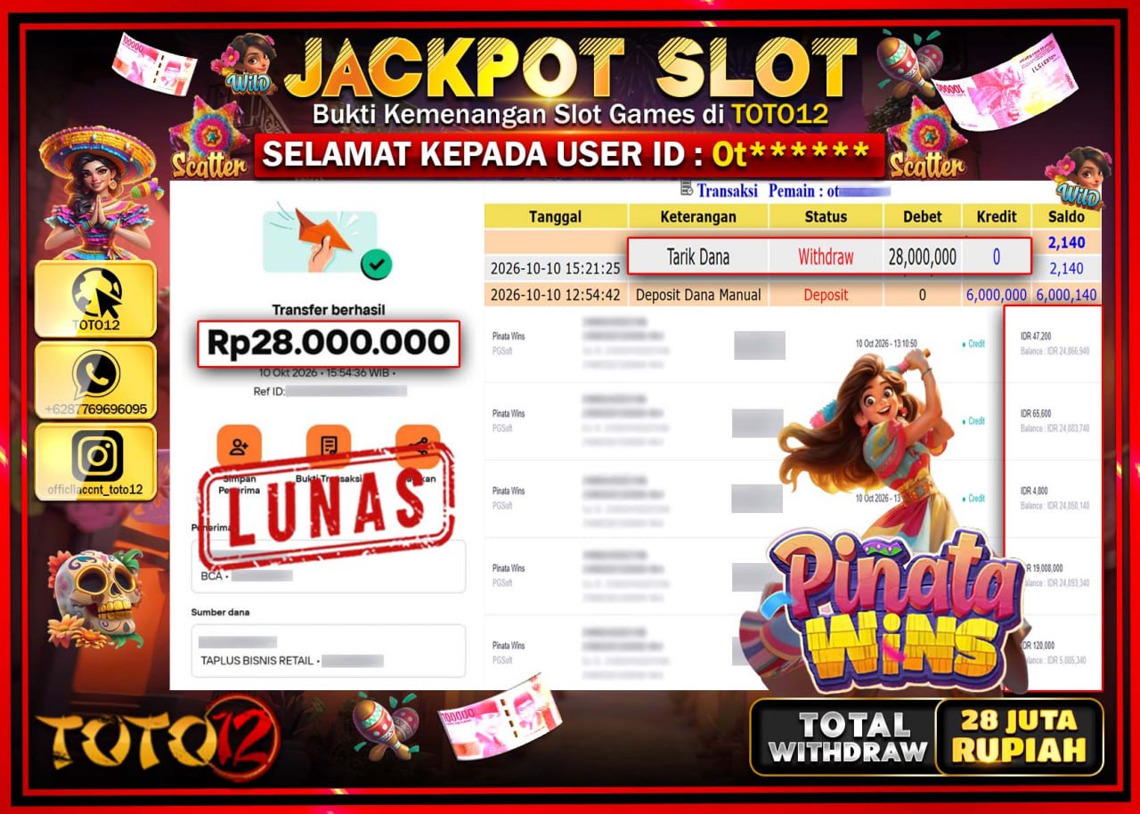 HANYA DI TOTO12 JP PASTI DI BAYAR LUNAS DAN CEPAT!!!!!! JACKPOT SLOT GAME (PINATA WINS) Rp28.000.000!!!!