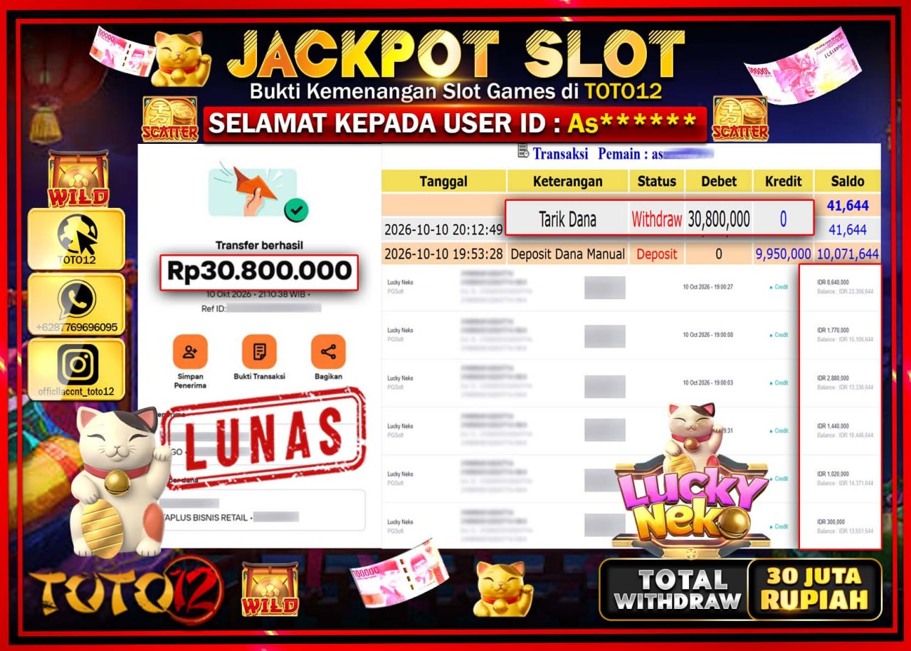 HANYA DI TOTO12 JP PASTI DI BAYAR LUNAS DAN CEPAT!!!!!! JACKPOT SLOT GAME (LUCKY NEKO) Rp30.000.000!!!!