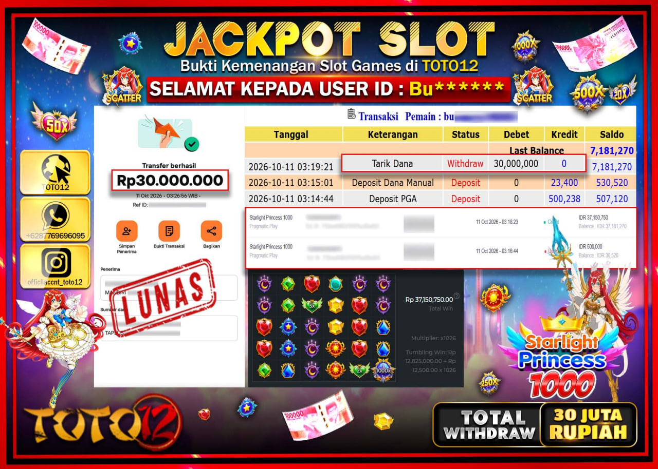 HANYA DI TOTO12 JP PASTI DI BAYAR LUNAS DAN CEPAT!!!!!! JACKPOT SLOT GAME (STARLIGHT PRINCESS 1000) Rp30.000.000!!!!