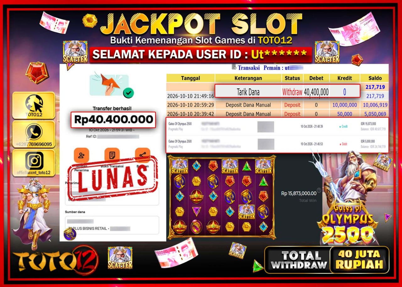 HANYA DI TOTO12 JP PASTI DI BAYAR LUNAS DAN CEPAT!!!!!! JACKPOT SLOT GAME (GATES OF OLYMPUS 2500) Rp40.400.000!!!!