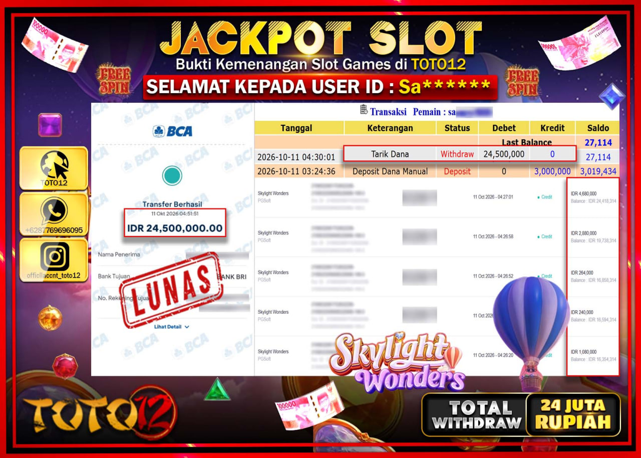 HANYA DI TOTO12 JP PASTI DI BAYAR LUNAS DAN CEPAT!!!!!! JACKPOT SLOT GAME (SKYLIGHT WONDERS) Rp24.500.000!!!!