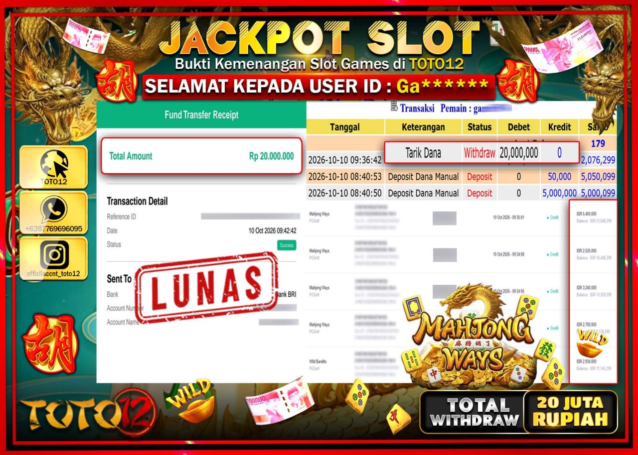 HANYA DI TOTO12 JP PASTI DI BAYAR LUNAS DAN CEPAT!!!!!! JACKPOT SLOT GAME (MAHJONG WAYS 2) Rp20.000.000!!!!
