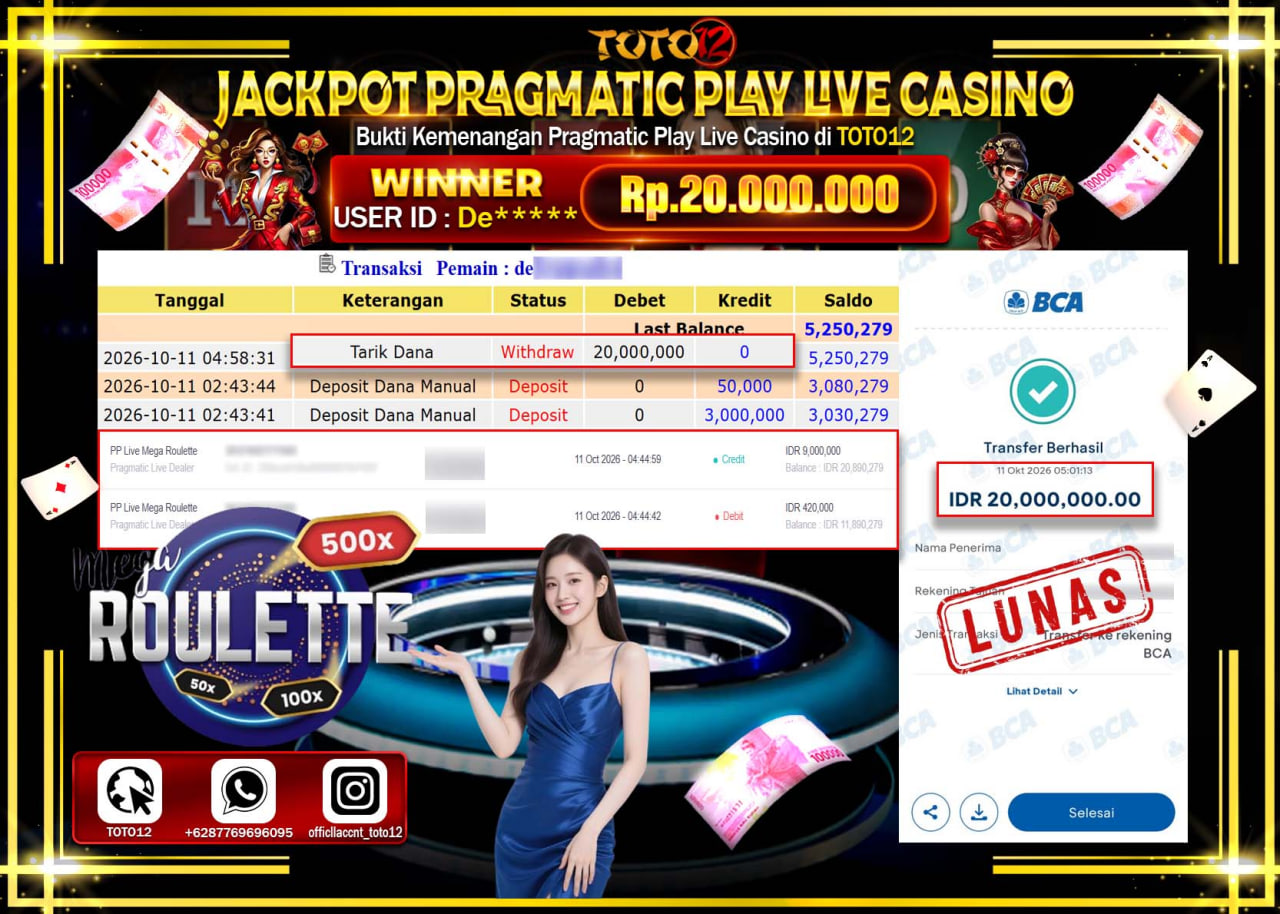 HANYA DI TOTO12 JP PASTI DI BAYAR LUNAS DAN CEPAT!!!!!! JACKPOT PRAGMATIC PLAY LIVE CASINO(MEGA ROULETTE) Rp20.000.000!!!!