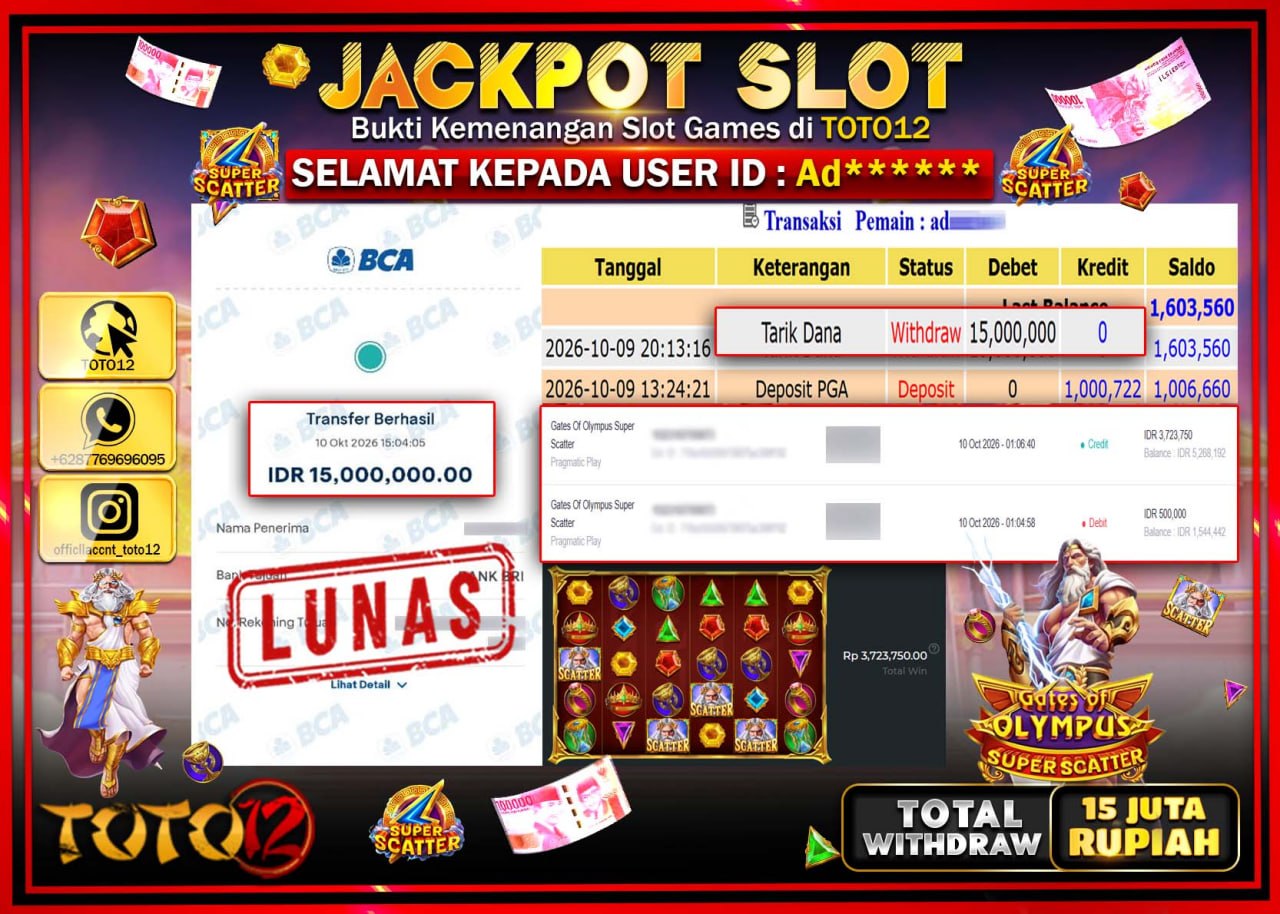 HANYA DI TOTO12 JP PASTI DI BAYAR LUNAS DAN CEPAT!!!!!! JACKPOT SLOT GAME (GATES OF OLYMPUS SUPER SCATTER) Rp15.000.000!!!!