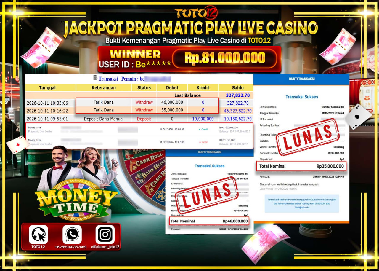 HANYA DI TOTO12 JP PASTI DI BAYAR LUNAS DAN CEPAT!!!!!! JACKPOT PRAGMATIC PLAY LIVE CASINO(MONEY TIME) Rp81.000.000!!!!