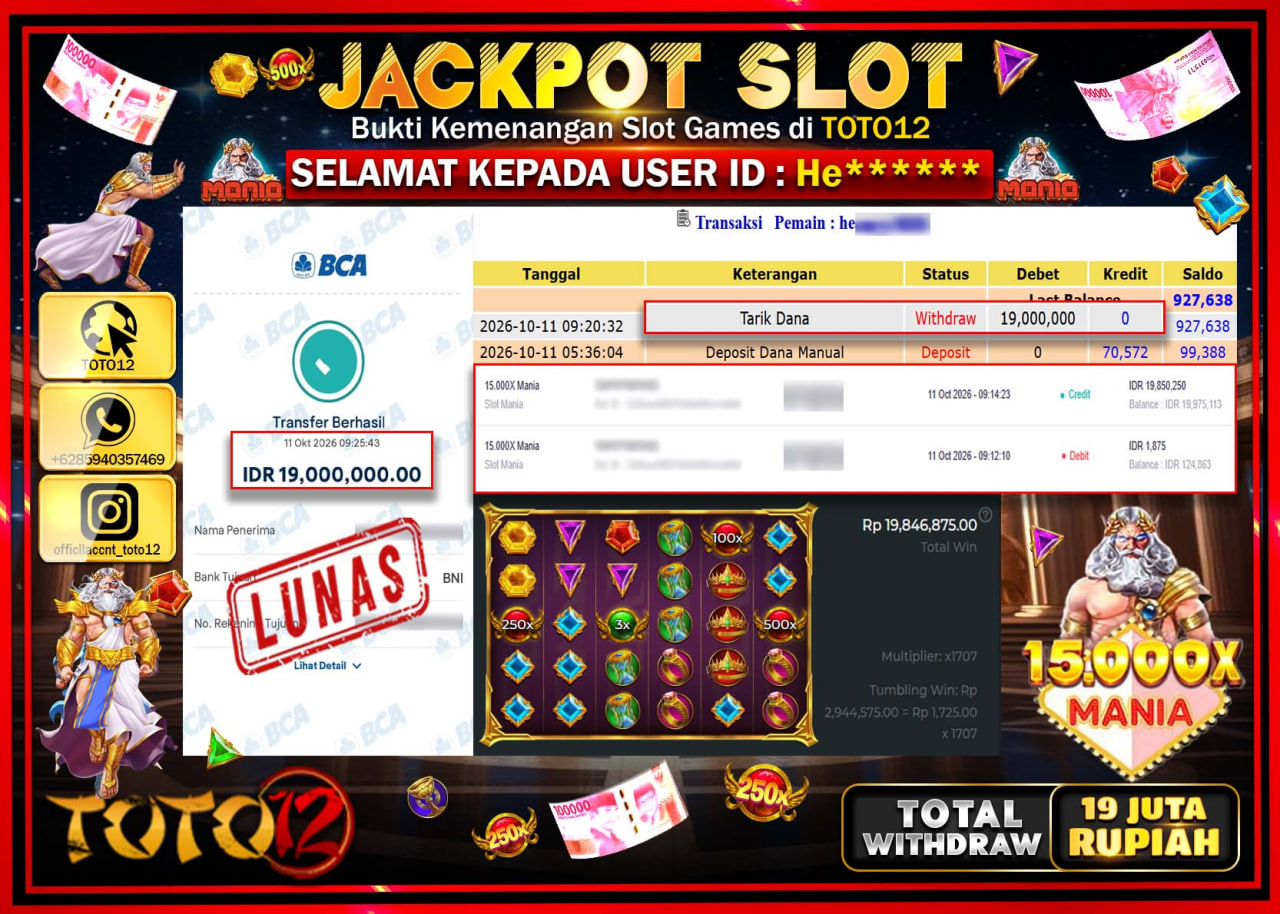 HANYA DI TOTO12 JP PASTI DI BAYAR LUNAS DAN CEPAT!!!!!! JACKPOT SLOT GAME (15.000X MANIA) Rp19.000.000!!!!