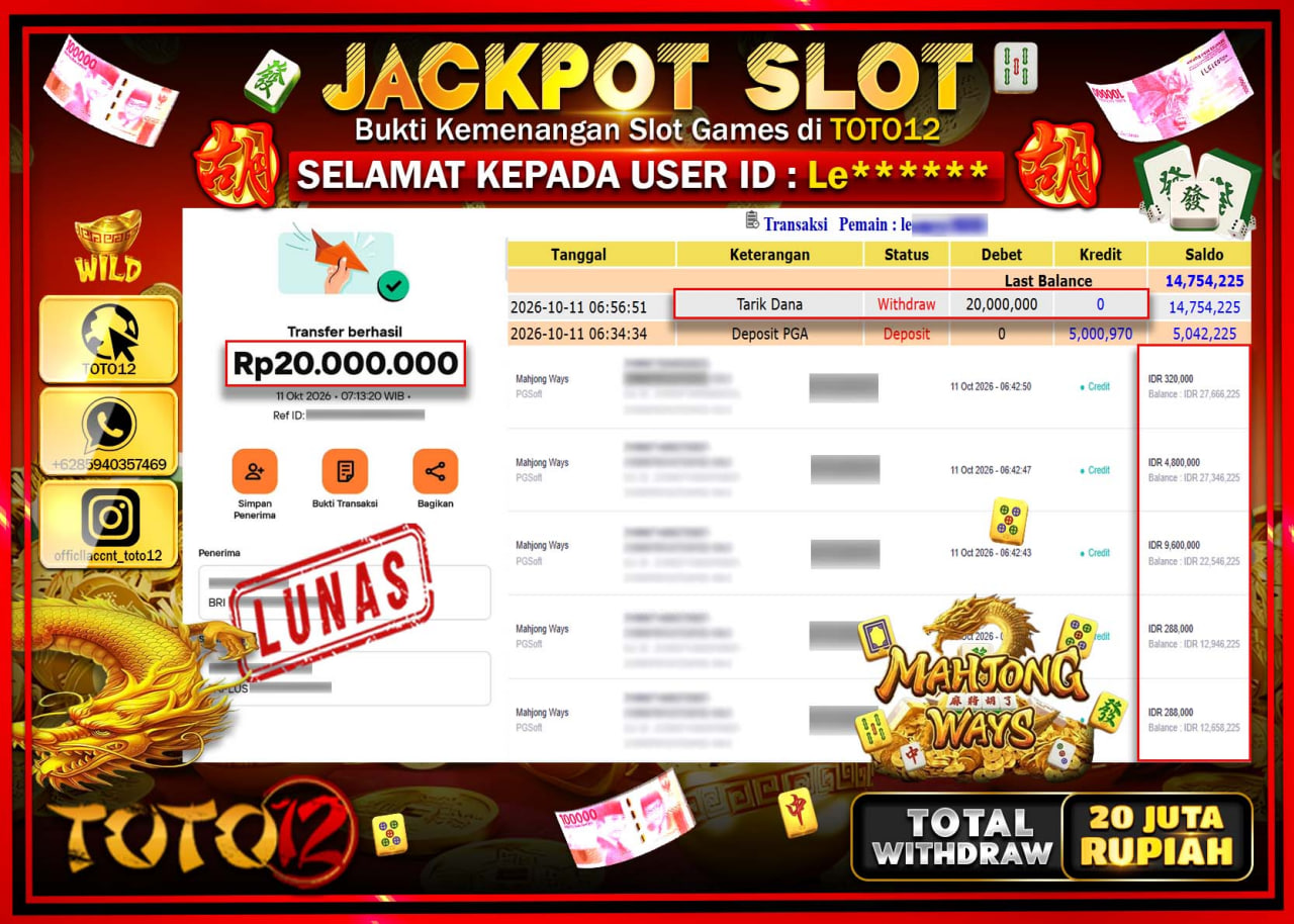 HANYA DI TOTO12 JP PASTI DI BAYAR LUNAS DAN CEPAT!!!!!! JACKPOT SLOT GAME (MAHJONG WAYS) Rp20.000.000!!!!