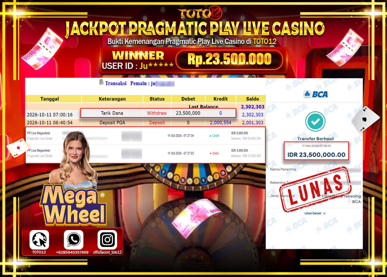 HANYA DI TOTO12 JP PASTI DI BAYAR LUNAS DAN CEPAT!!!!!! JACKPOT PRAGMATIC PLAY LIVE CASINO(MEGA WHEEL) Rp23.500.000!!!!