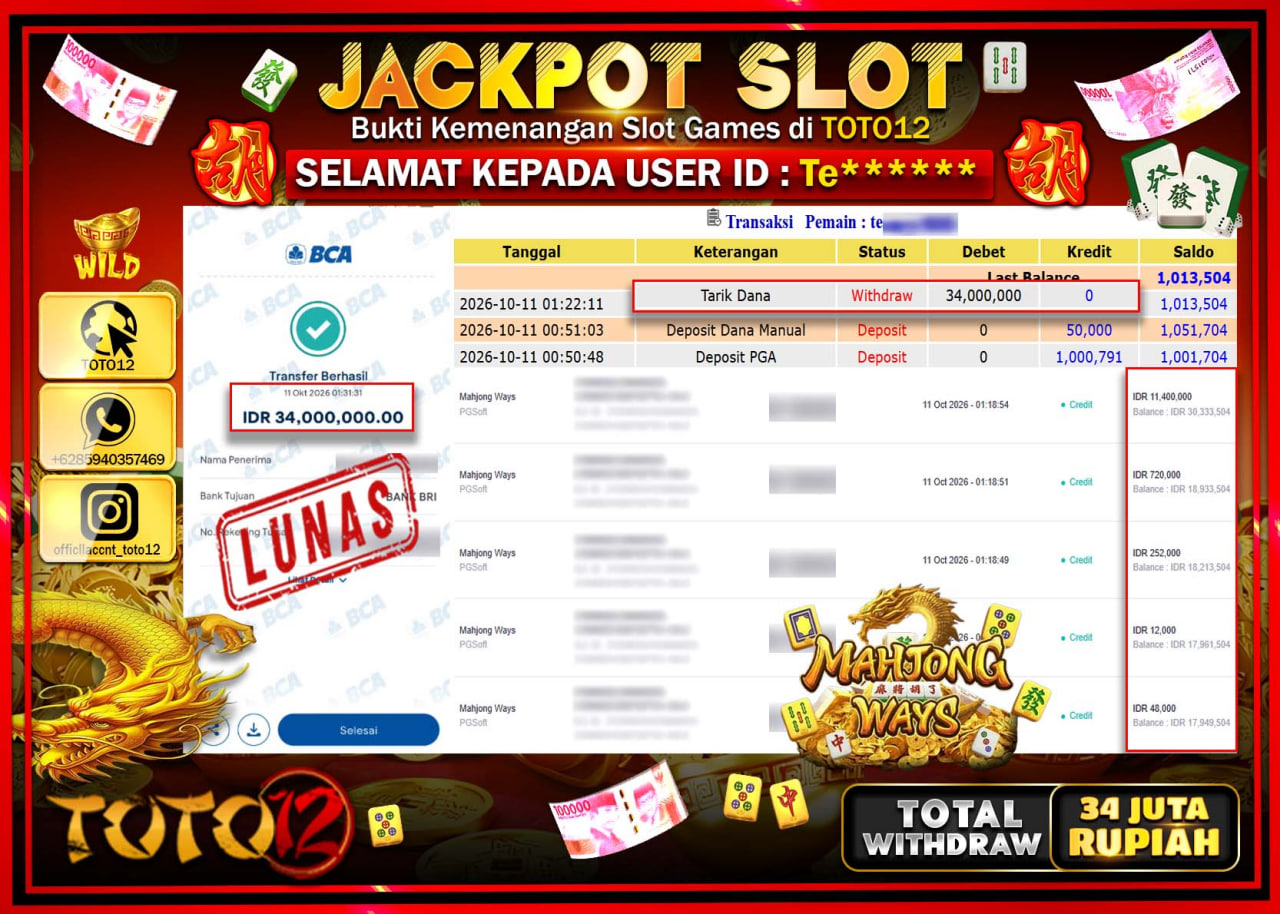 HANYA DI TOTO12 JP PASTI DI BAYAR LUNAS DAN CEPAT!!!!!! JACKPOT SLOT GAME (MAHJONG WAYS) Rp34.000.000!!!!